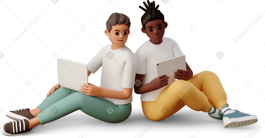 3D two boys with gadgets Illustration in PNG, SVG