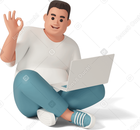 3D happy man with laptop showing ok hand sign PNG、SVG
