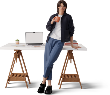 young woman leaning on table PNG, SVG