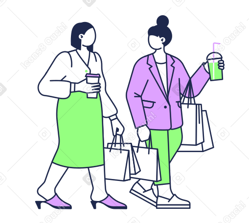Mujeres caminando con bebidas para llevar y bolsas de compras. PNG, SVG