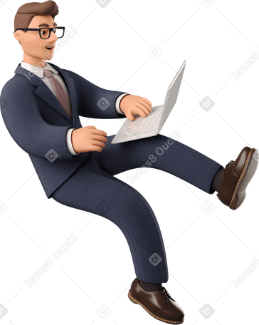 3D seated businessman in dark blue suit with laptop PNG, SVG