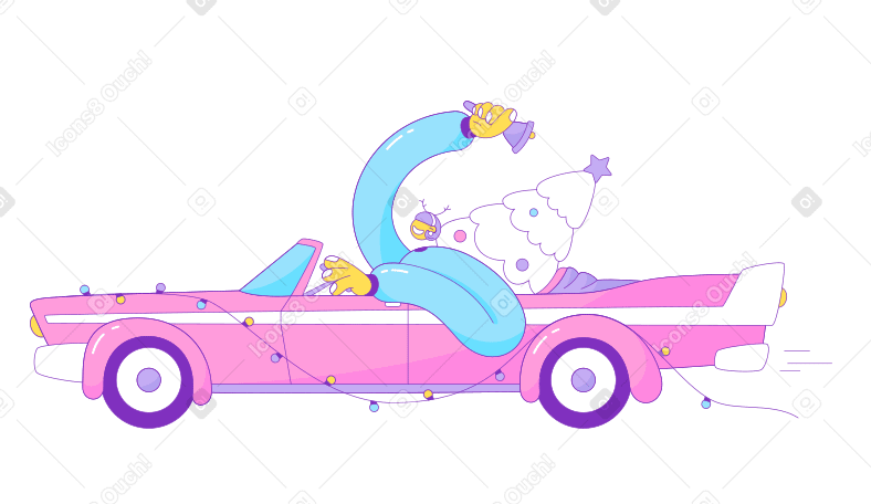 Girl rides in a pink Cadillac with a Christmas tree PNG, SVG