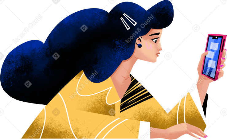 woman in a yellow shirt looks at her phone PNG, SVG