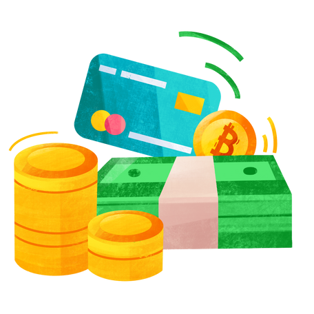 stacks of coins bills credit card and bitcoin Illustration in PNG, SVG