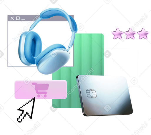 E-commerce et achats en ligne avec écouteurs et carte de crédit PNG, SVG