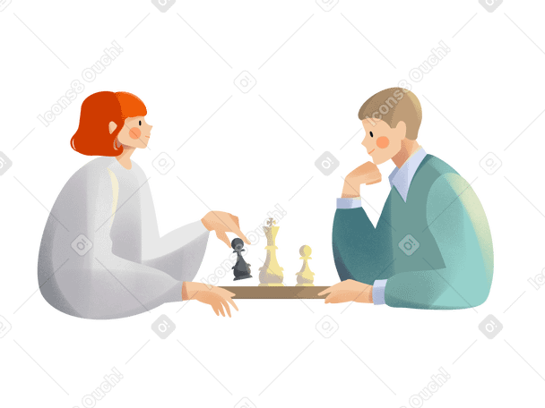 Young red hair woman and young man playing chess Illustration in PNG, SVG