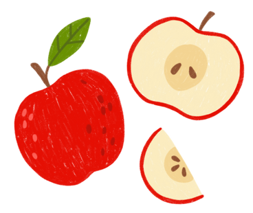 Красное яблоко с листом, половиной яблока и ломтиком яблока в PNG, SVG