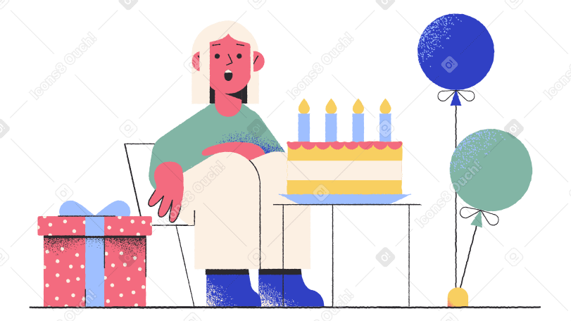 坐在生日蛋糕和气球附近的女孩 PNG, SVG