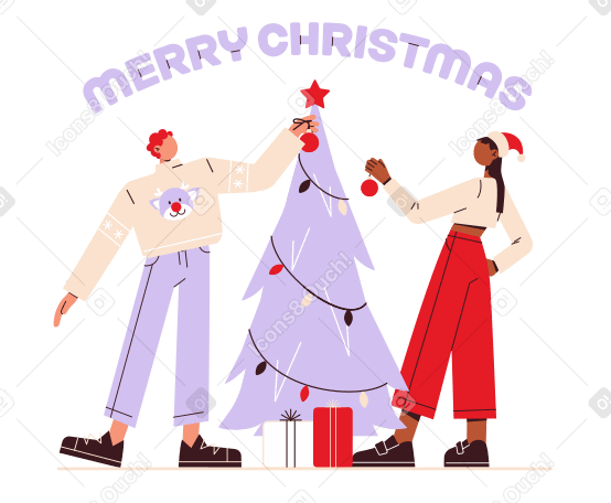 Lettering Merry Christmas with people decorating the Christmas tree text PNG, SVG