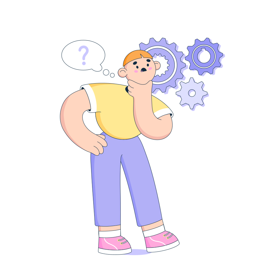Man looks at the gears and decides the question Illustration in PNG, SVG