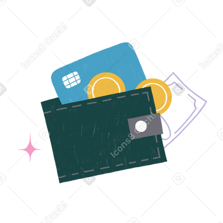 Wallet with coins, banknote and bank card PNG, SVG