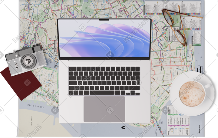 3D 地图、笔记本电脑、护照、相机、咖啡的顶视图 PNG, SVG