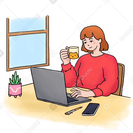 Молодая женщина работает на ноутбуке в PNG, SVG