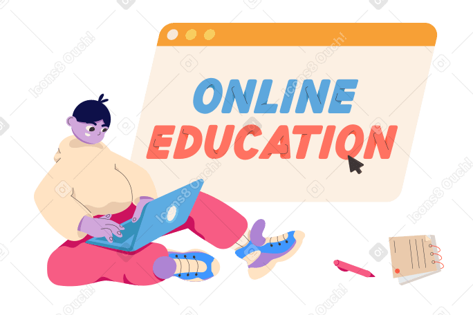 Online education text in the browser and a guy sitting with a laptop Illustration in PNG, SVG
