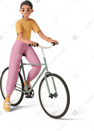 3D woman sitting on bicycle ready to ride Illustration in PNG, SVG
