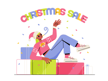 Lettering Christmas Sale with girl who sits on gift boxes PNG, SVG
