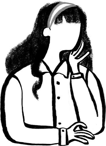 black and white woman with long curly hair sitting with her chin on her hand PNG, SVG