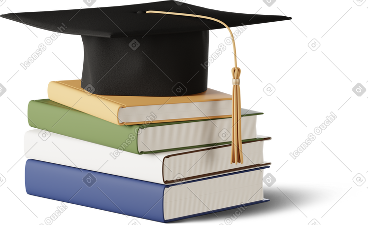 3D graduation cap lying on pile of books PNG, SVG