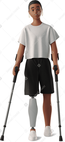 3D young woman with prosthetic leg on crutches PNG, SVG
