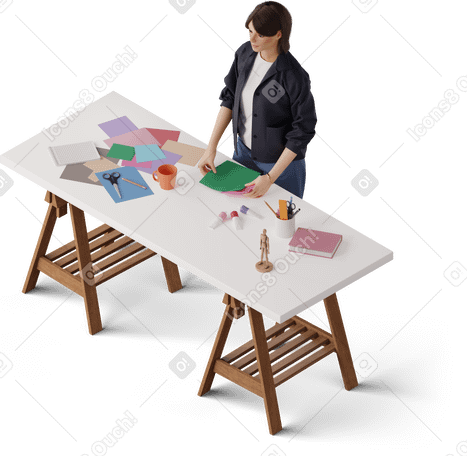 3D isometric view of young woman sorting craft paper PNG, SVG
