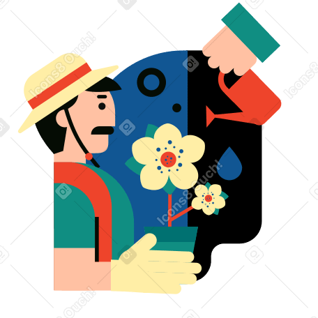 Gardener holding a potted flower watering it PNG, SVG