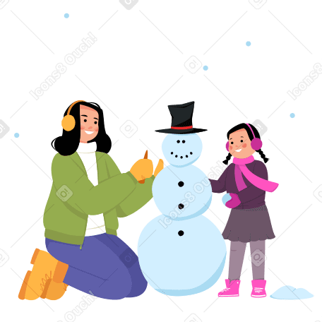 Mother and daughter molding a snowman Illustration in PNG, SVG