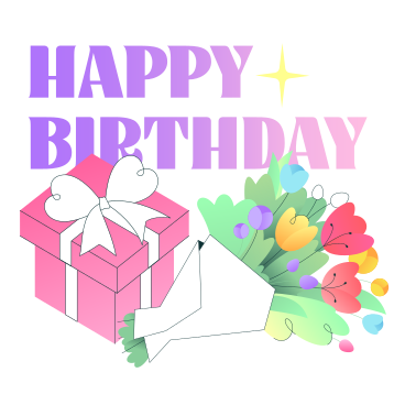 Testo di buon compleanno con un regalo e un mazzo di fiori PNG, SVG