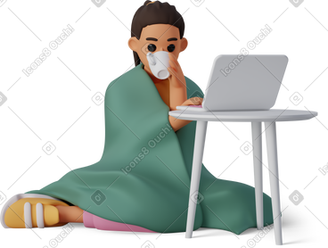 Young woman with a blanket working on a laptop PNG, SVG