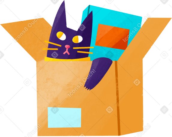 cardboard box with a cat and a book PNG, SVG