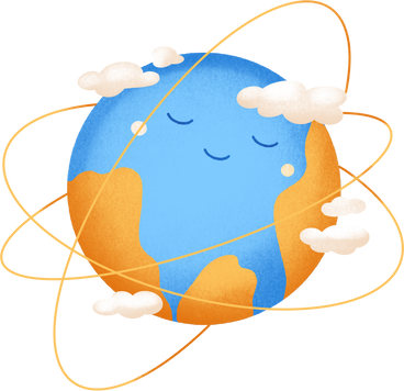 planet earth with a smile and surrounded by clouds and yellow orbits PNG, SVG