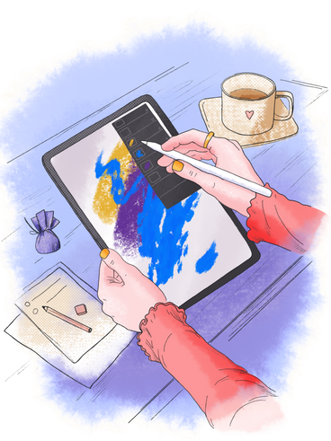 Donna che disegna su un ipad seduta a un tavolo PNG, SVG