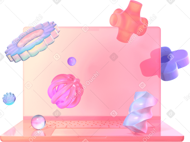 3D Laptop con oggetti sfumati fluttuanti in un paesaggio da sogno pastello PNG, SVG