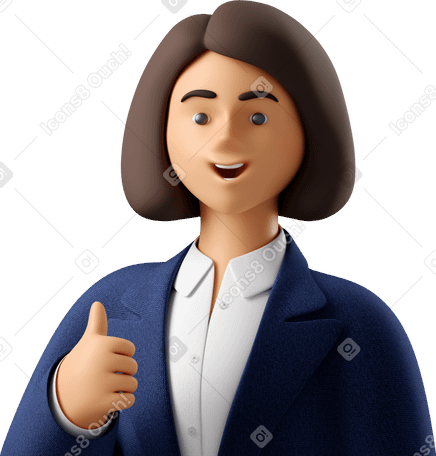 3D close up of businesswoman in blue suit showing thumbs up Illustration in PNG, SVG