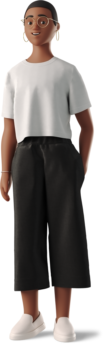 woman in white t-shirt and black trousers standing PNG, SVG