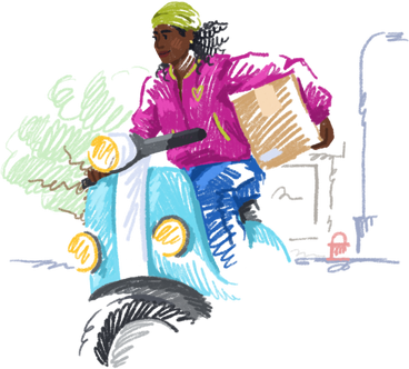 Женщина-курьер доставляет посылку на скутере в PNG, SVG