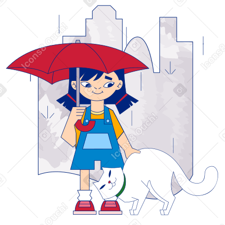 Girl and cat hiding from rain PNG, SVG