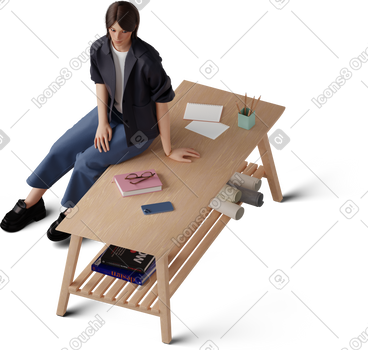 Isometric view of young woman sitting on coffee table PNG, SVG