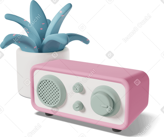3D three-quarter view of radio and plant Illustration in PNG, SVG