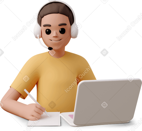 3D young woman in headset using laptop and taking notes PNG, SVG
