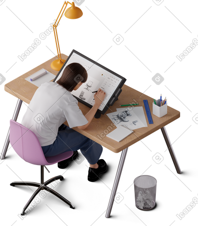 3D isometric view of young woman sketching on graphic tablet PNG, SVG