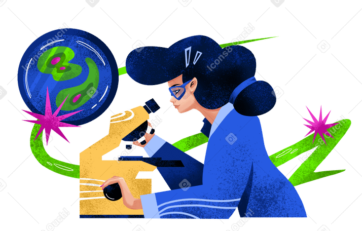 Woman scientist with microscope studying molecules Illustration in PNG, SVG