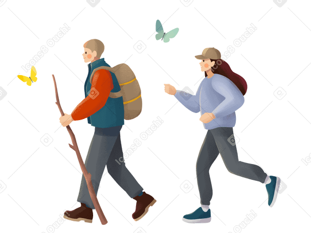 Woman in violet jumper and man in green jumper with khaki backpack hiking PNG, SVG