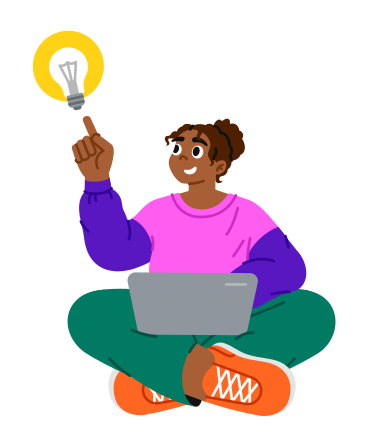 Giovane donna che indica alla lampadina di idea PNG, SVG