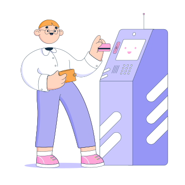 Der mann steckt die karte in den geldautomaten PNG, SVG