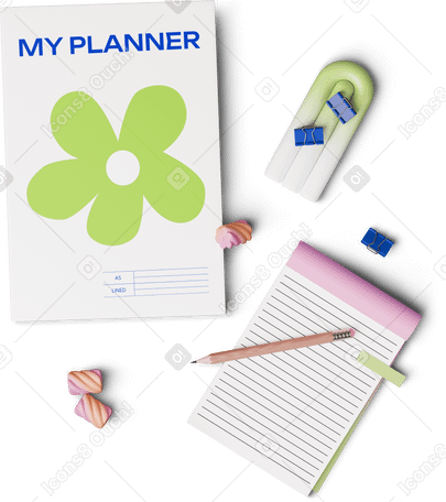 3D top view of planner and notebook with geometric figures PNG, SVG