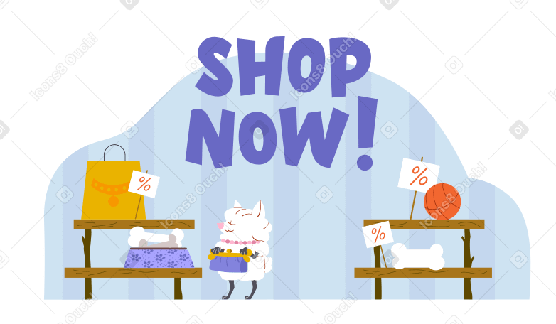 Shop now text and dog walking in the store PNG, SVG