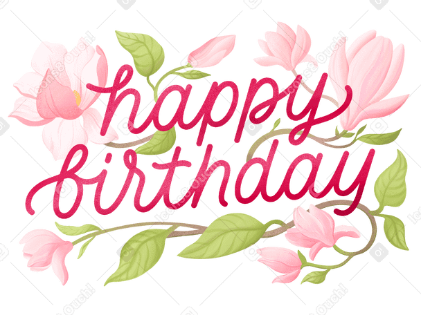 Flores de magnolia con letras de feliz cumpleaños PNG, SVG