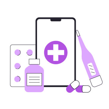 Smartphone mit medizinischer online-app, umgeben von pillen und thermometer PNG, SVG