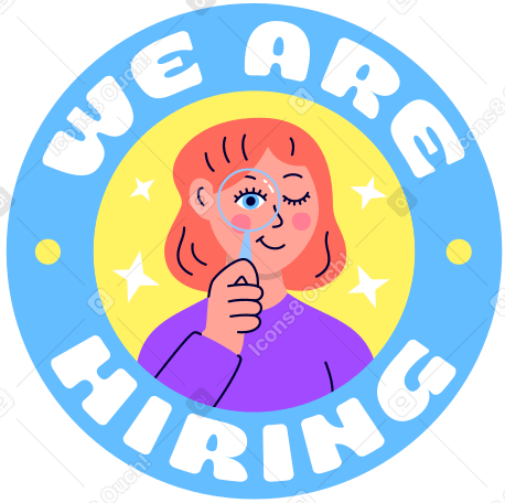 lettering we are hiring with woman looking through a magnifier text PNG, SVG