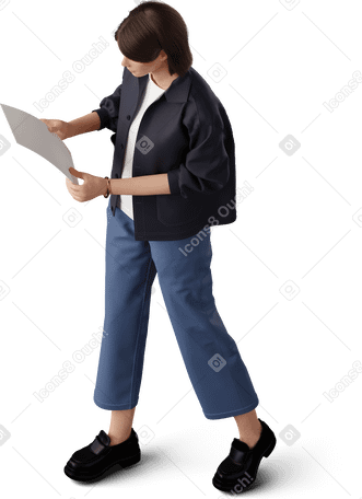 3D Изометрический вид молодой женщины, держащей бумагу в PNG, SVG